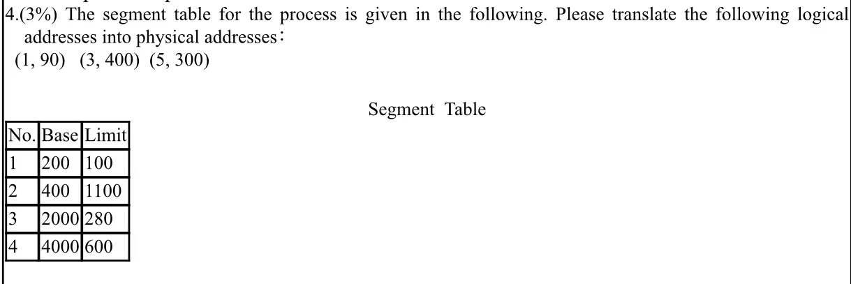  4.(3%) The segment table for the process is given in the