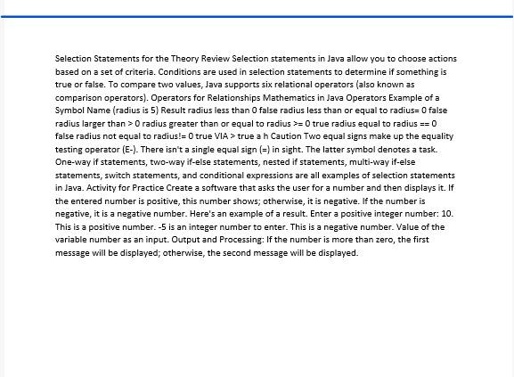 PLEASE DO NOT COPY PASTE FROM CHEGG/OTHERWISE I'LL REPORT YOU Selection Statements