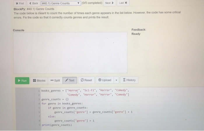  python questions First Last BlockPy: #40.1) Genre Courts The code below