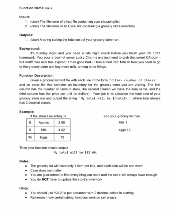 Matlab solution Function Name: malk Inputs: 1. (char) The filename of a