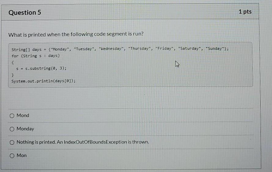 public static void printInitials(String[] words) for (Strings : words) { System.out.println(/* missing