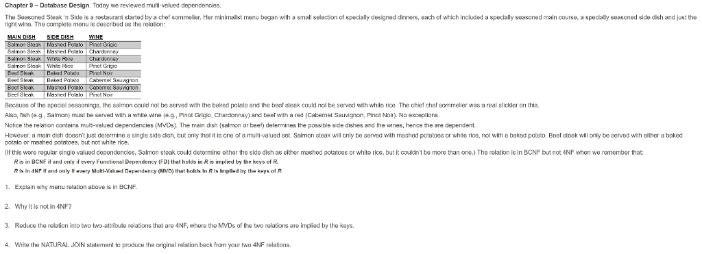  Chapter 9 Database Design. Today we reviewed multi-valued dependencies. The Seasoned