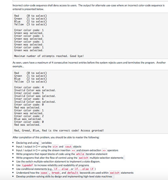 from the user to match a color code used to gain access