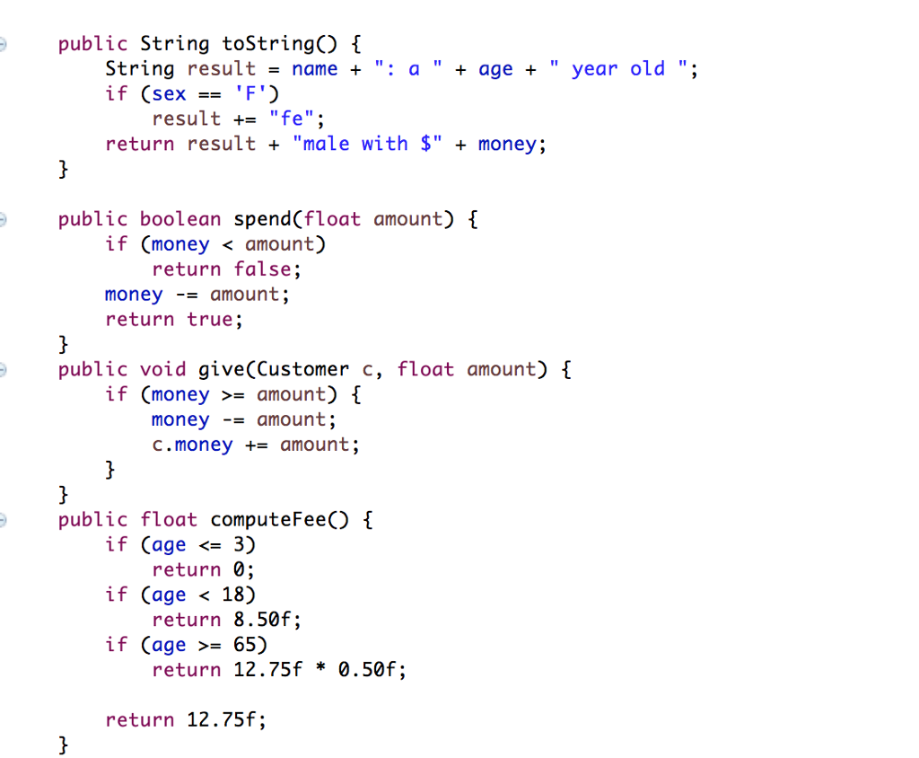 Customer("Flem", 18, 'M', 1)); s1.addCustomer(new Customer("Gary", 8, 'M', 20)); s1.addCustomer(new Customer("Hugh", 65,