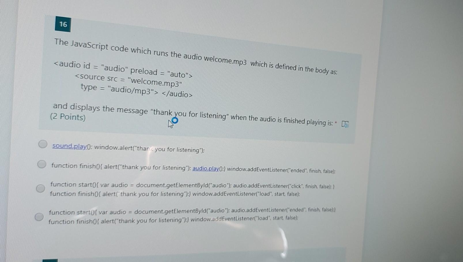  16 The JavaScript code which runs the audio welcome.mp3 which is