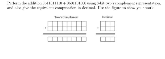  Perform the addition 0b11011110 + 0b01101000 using 8-bit two's complement representation,