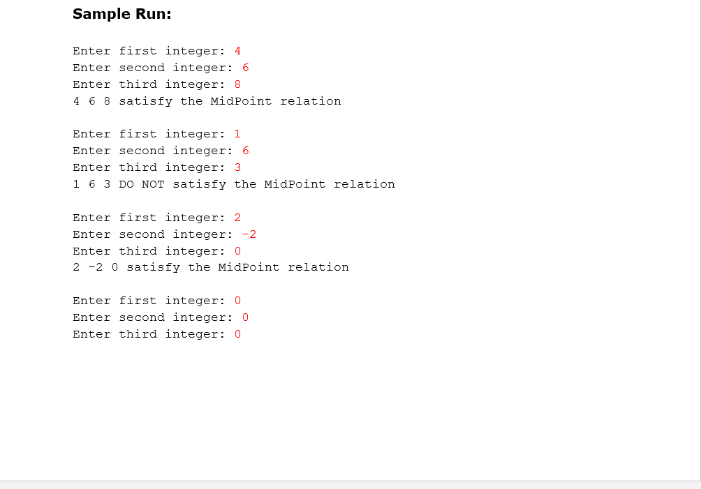 a function named hasMidpoint that accepts three integers as parameters and returns