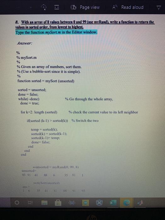 myRand), write a function to return the values la perted order, from