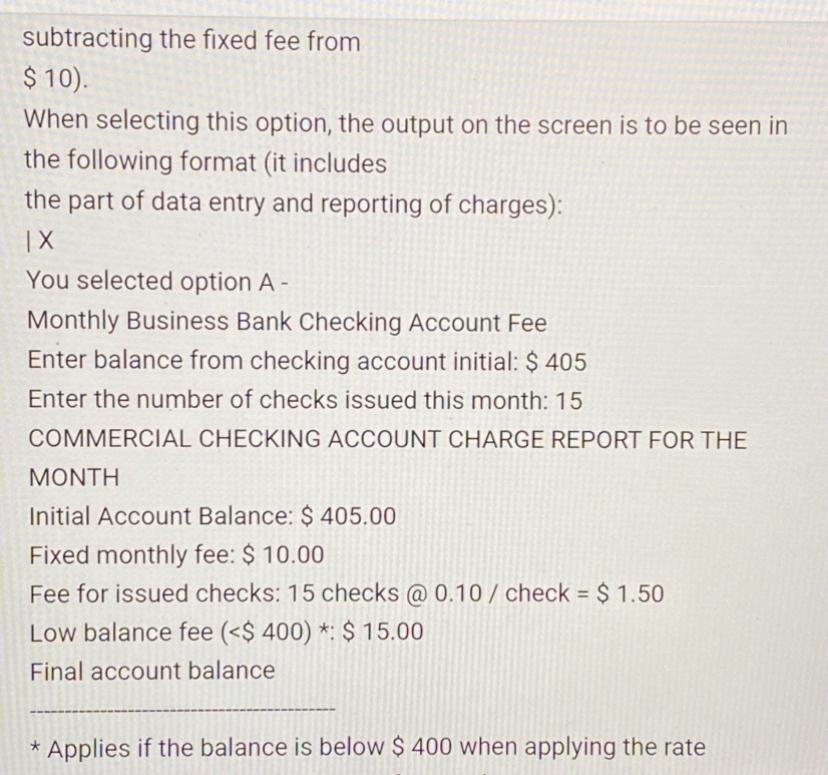 you want to calculate the monthly bank charges for an account commercial