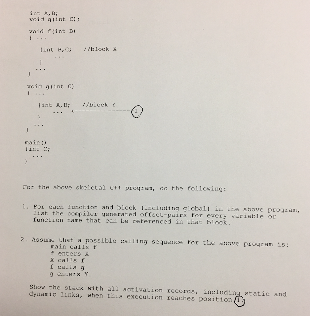 1. For each function and block (including global) in the program, list