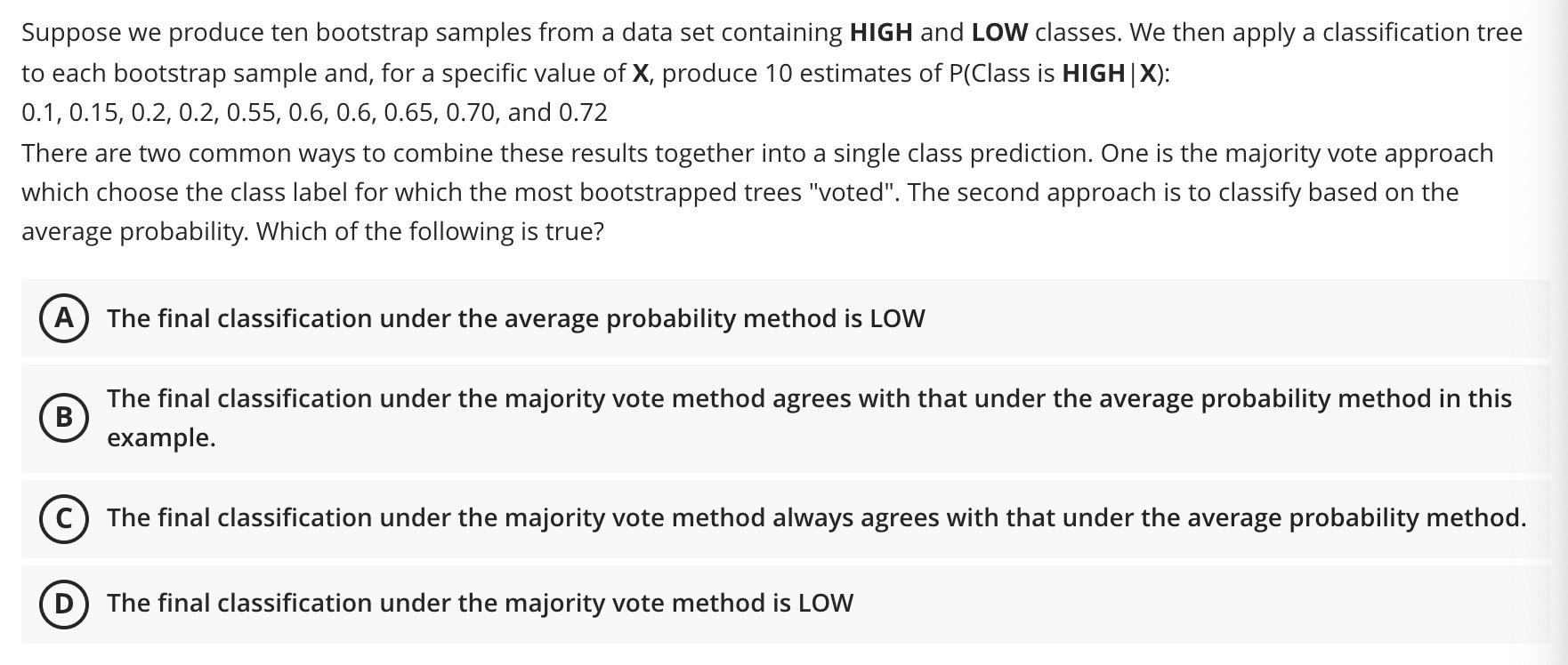 Suppose we produce ten bootstrap samples from a data set containing