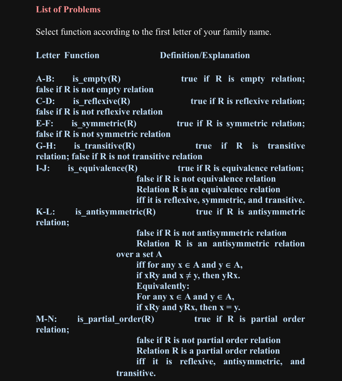  List of Problems Select function according to the first letter of