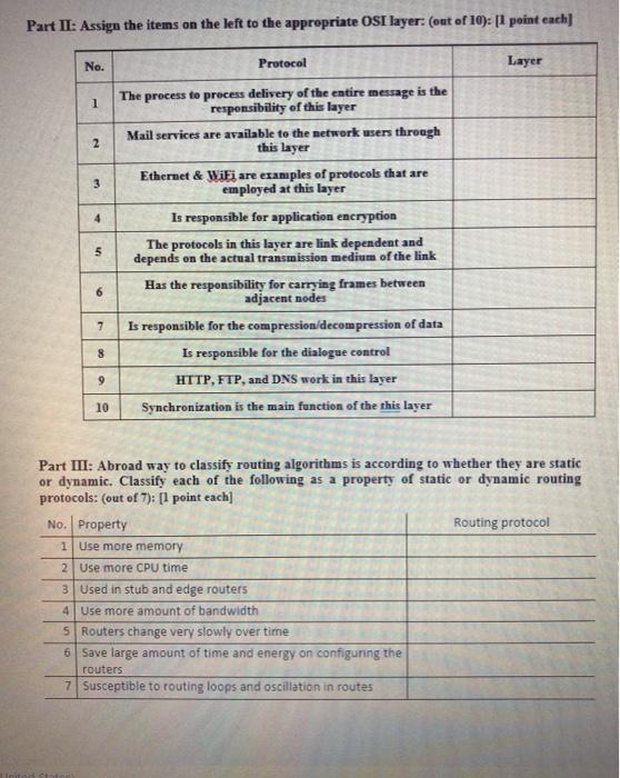  computer network Part II: Assign the items on the left to