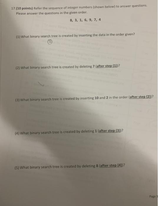  17.(10 points) Refer the sequence of integer numbers (shown below) to