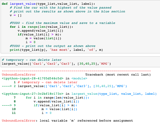 Python error editing def largest_value(type_list, value_list, label): # Find the car with