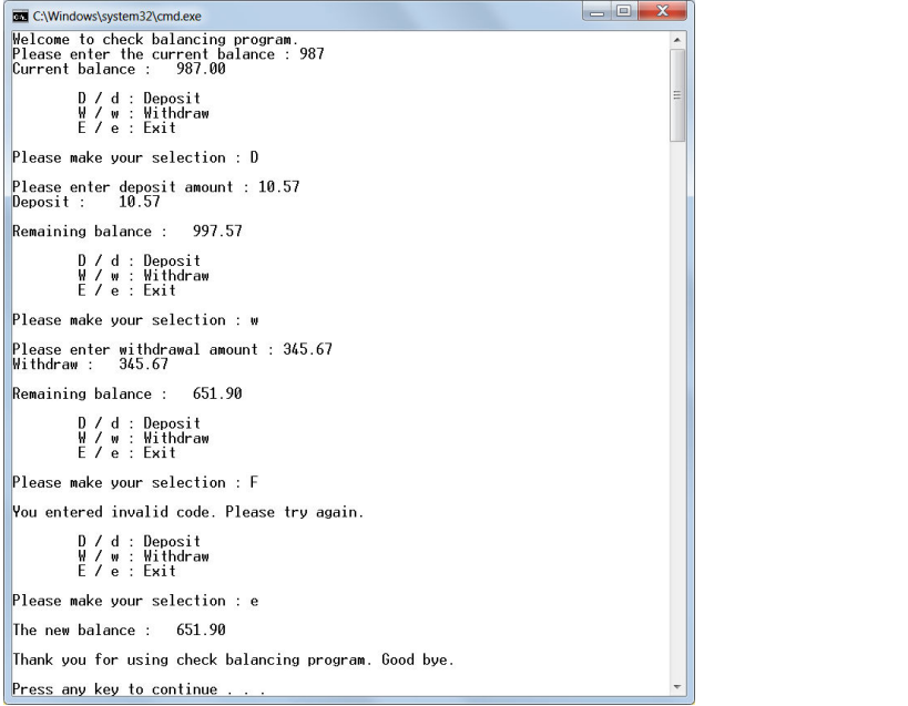 Create a menu driven check balancing C++ program. The menu includes; (D/d):
