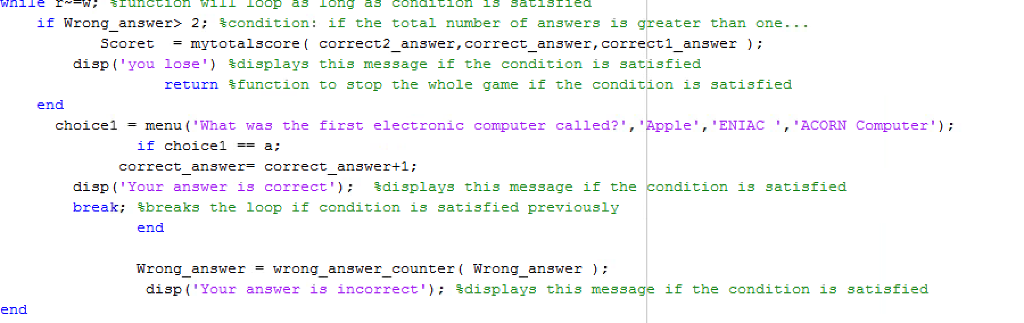 I am trying to create a questioner game using Matlab, but I