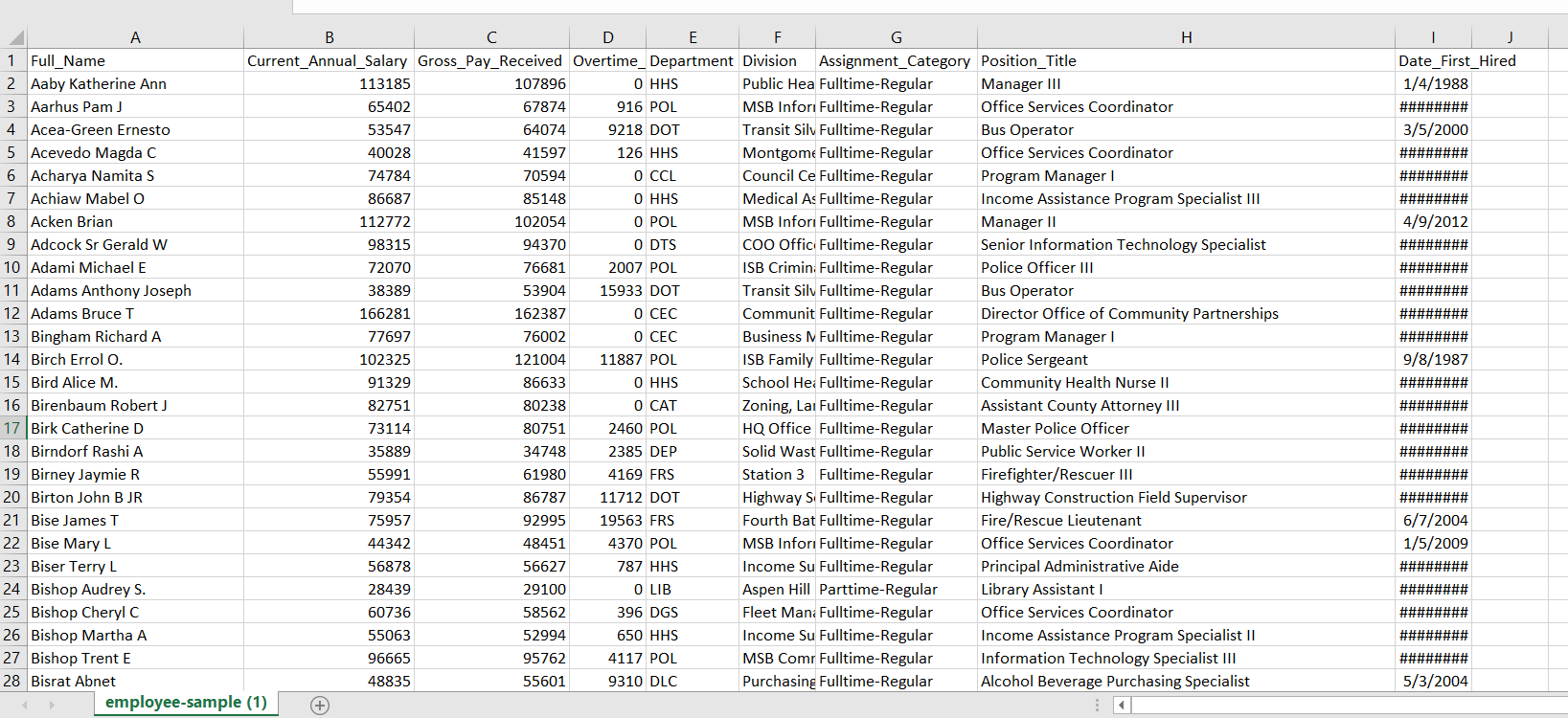 By seeing this csv file named "employee-sample", can you write the following