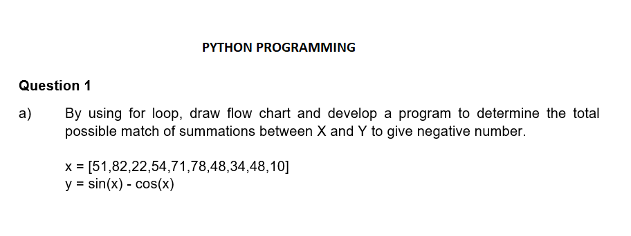  PYTHON PROGRAMMING Question 1 a) By using for loop, draw flow