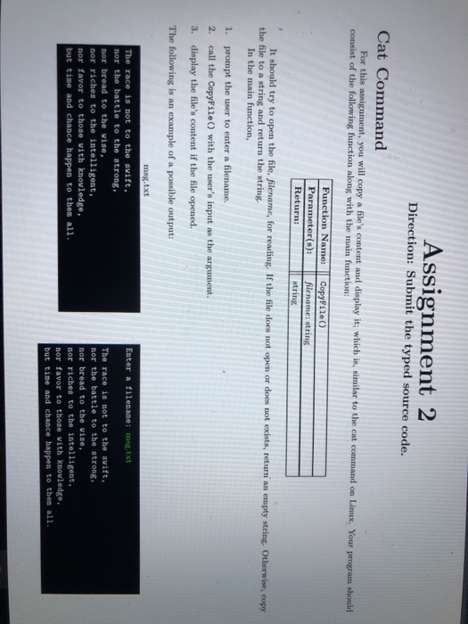  C++ programming Assignment 2 Direction: Submit the typed source code. Cat