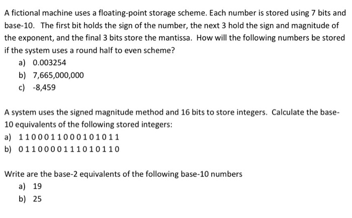  Numerical Methods A fictional machine uses a floating-point storage scheme. Each