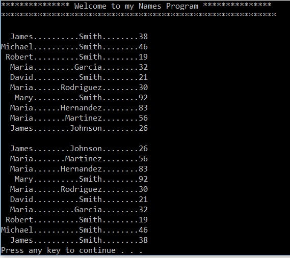required). The 3 arrays are to contain the first names, last names,