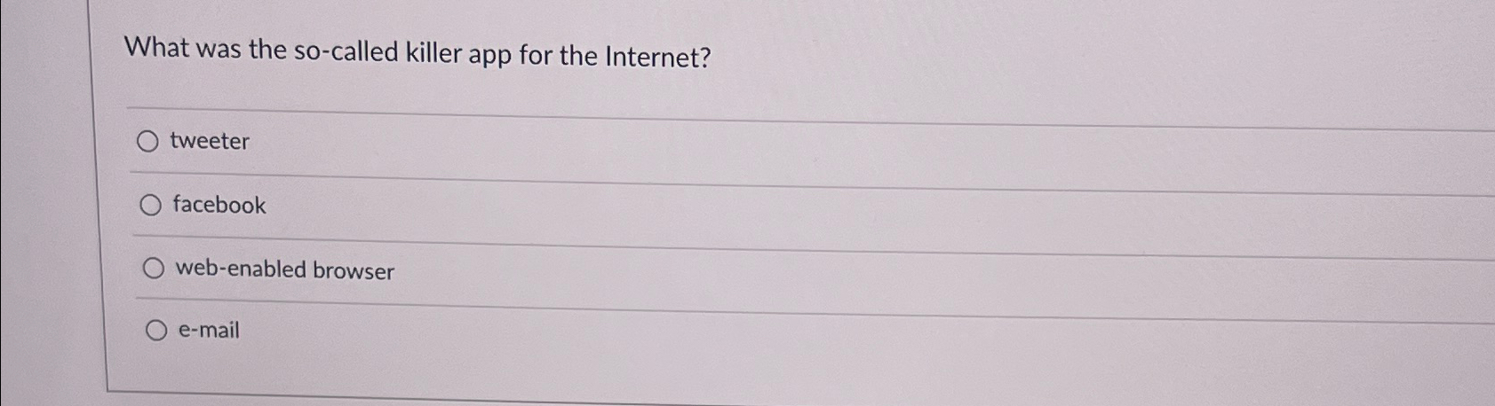  What was the so-called killer app for the Internet? tweeter facebook
