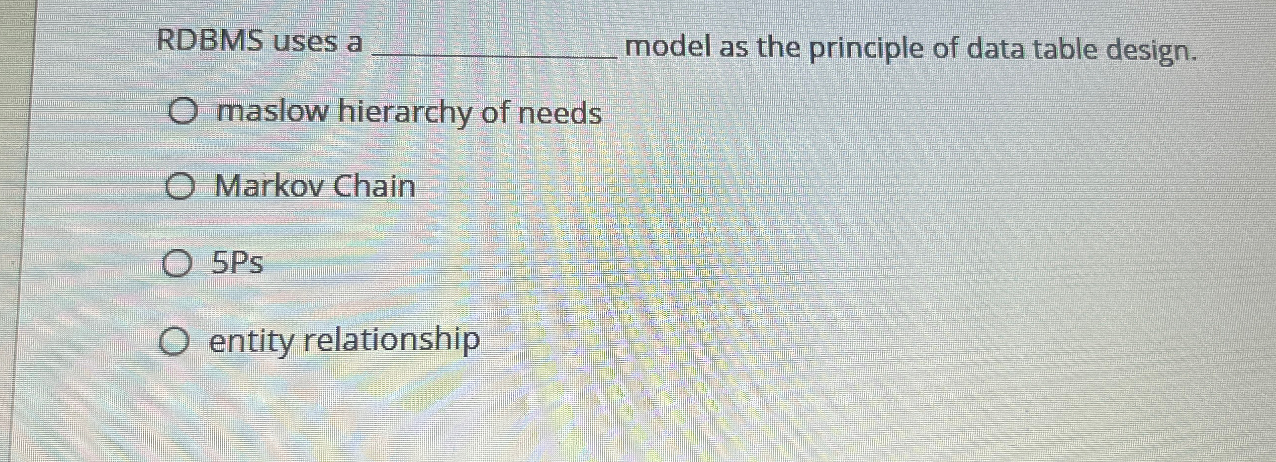  RDBMS uses a _______ model as the principle of data table