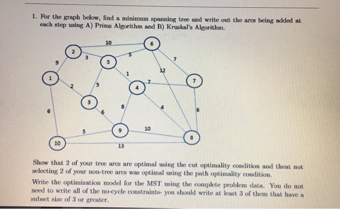  1. For the graph below, find a minimum spanning tree and
