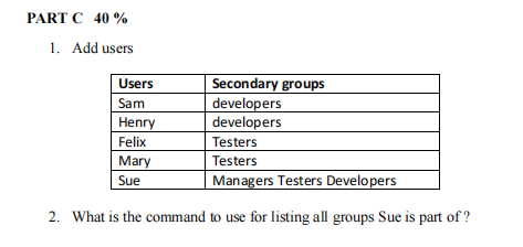 Unix/Linux PART C 40% 1. Add users Users Sam Henry Felix Mary