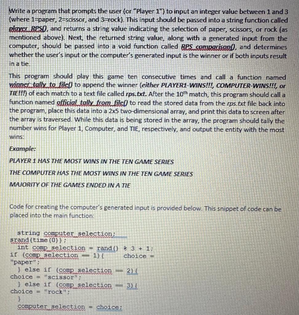  Write a program that prompts the user (or "Player 1") to