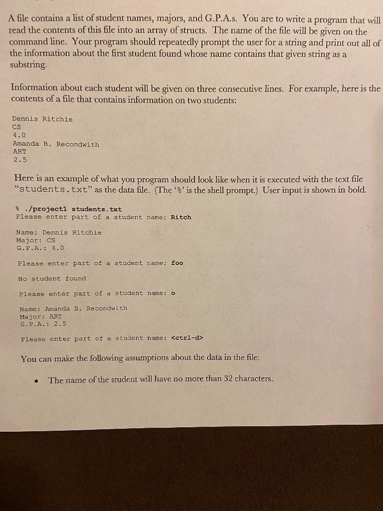 Write a C program that A file contains a list of student