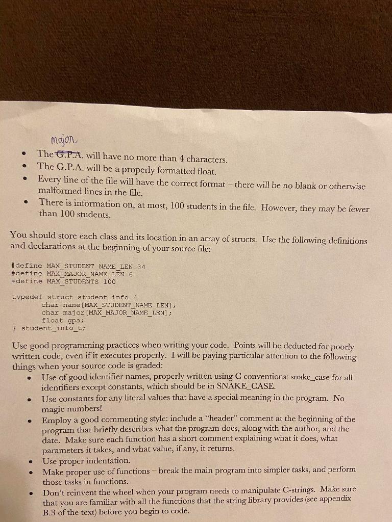 names, majors, and G.P.A.s. You are to write a program that will