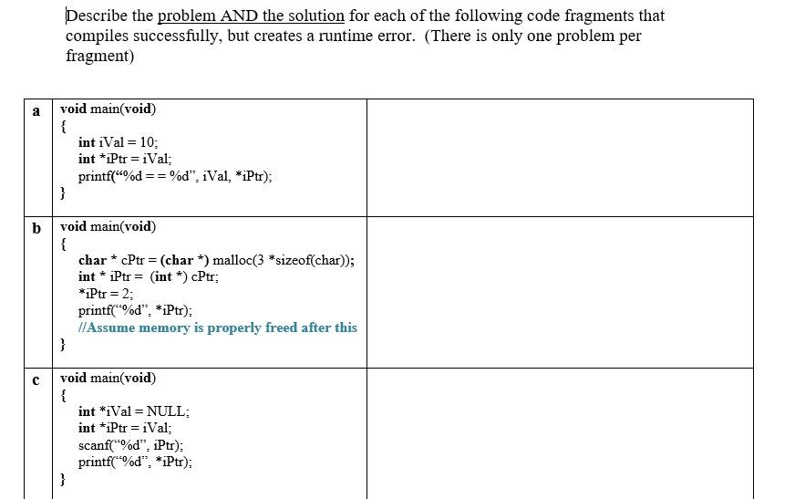 In C language, Describe the problem AND the solution for each of