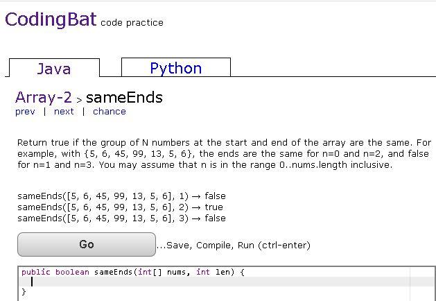  COP 4814 Lab 2 Coding Bat Arrray-2: sameEnds Coding Bat code