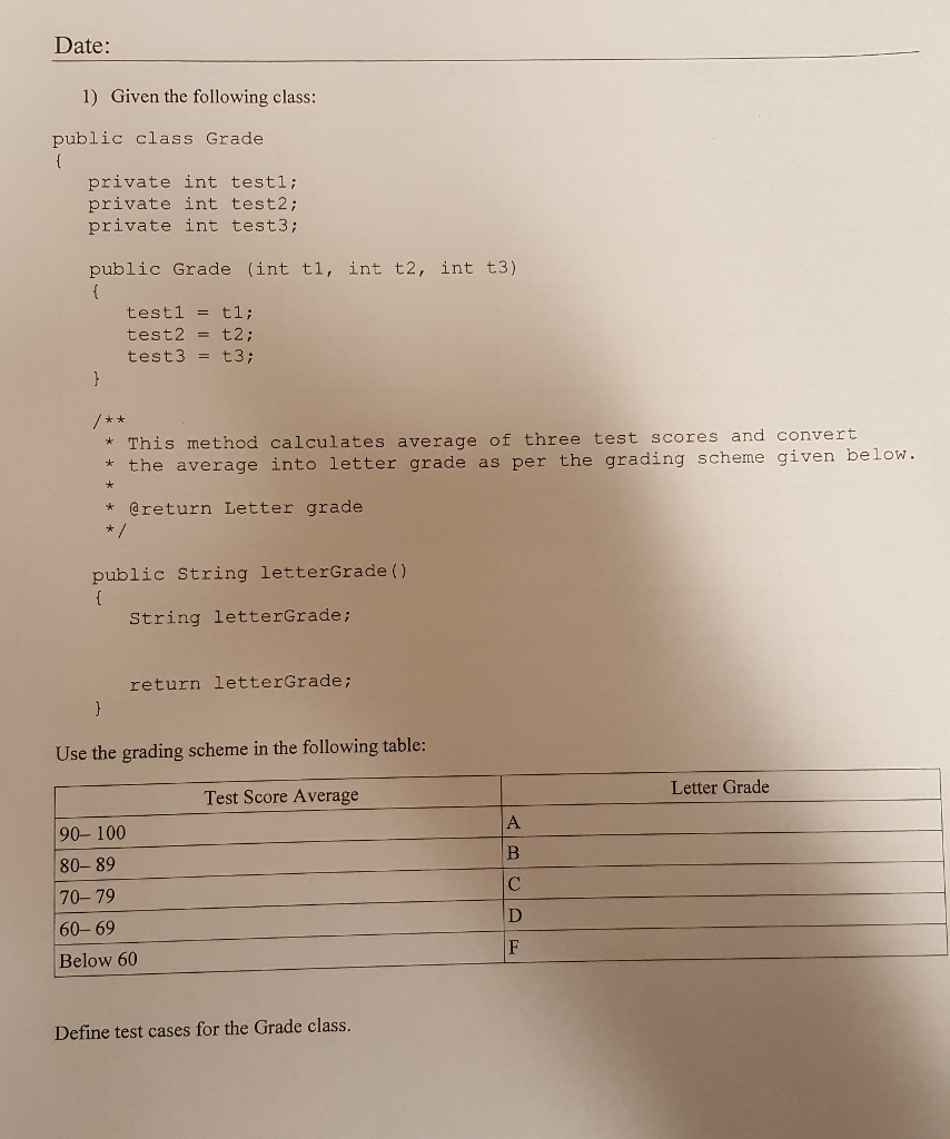 Date: 1) Given the following class: public class Grade private int