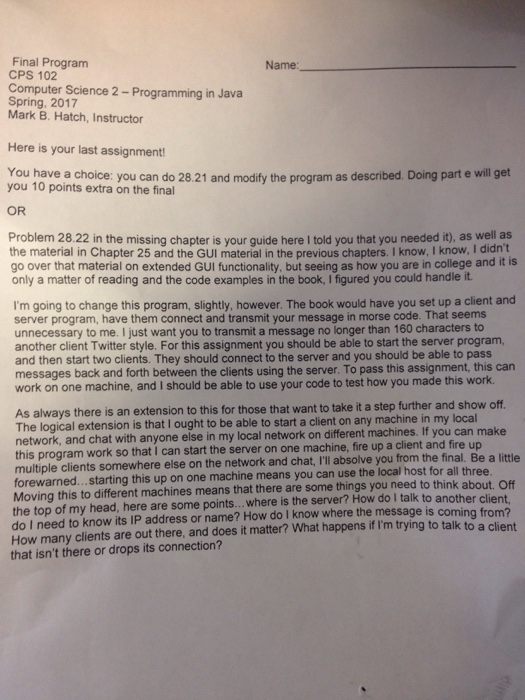  Subject Java: I'd would like to work on the second half