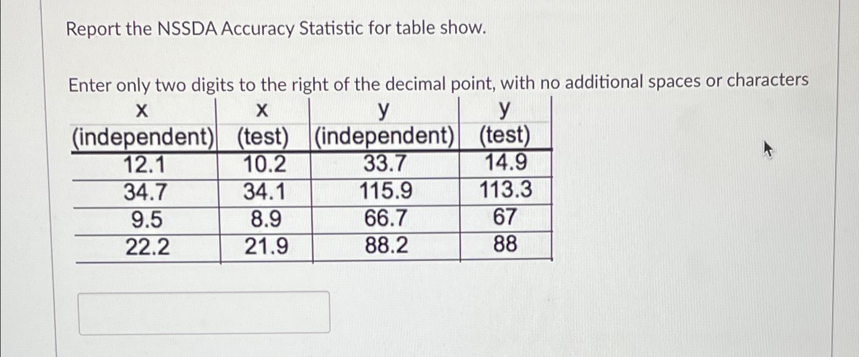  Report the NSSDA Accuracy Statistic for table show. Enter only two