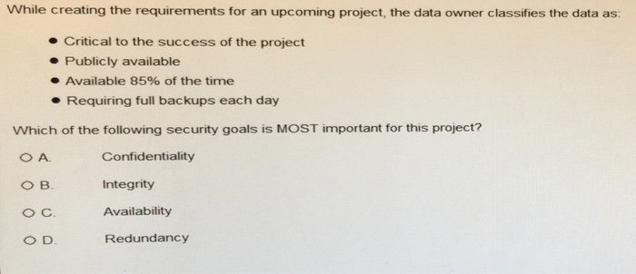  While creating the requirements for an upcoming project, the data owner