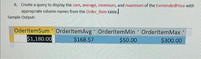  8. Create a query to display the sum, average, minimum, and