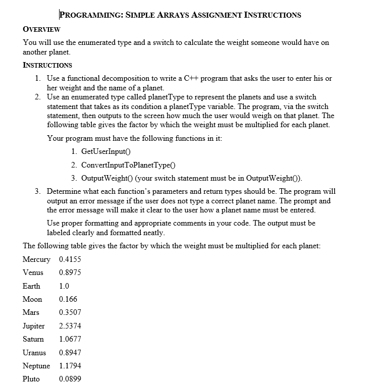  PROGRAMMING: SIMPLE ARRAYS ASSIGNMENT INSTRUCTIONS OVERVIEW You will use the enumerated