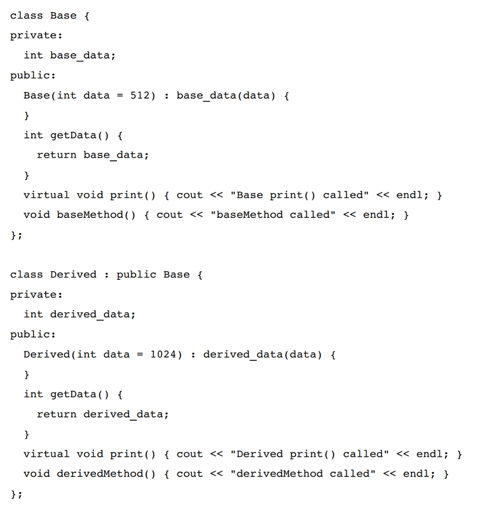 c++ language. class Base private: int base_data; public: Base (int data-512) :