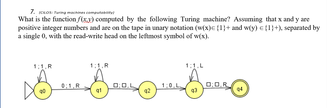  7. (CILO5: Turing machines computability) What is the function f(x,y) computed