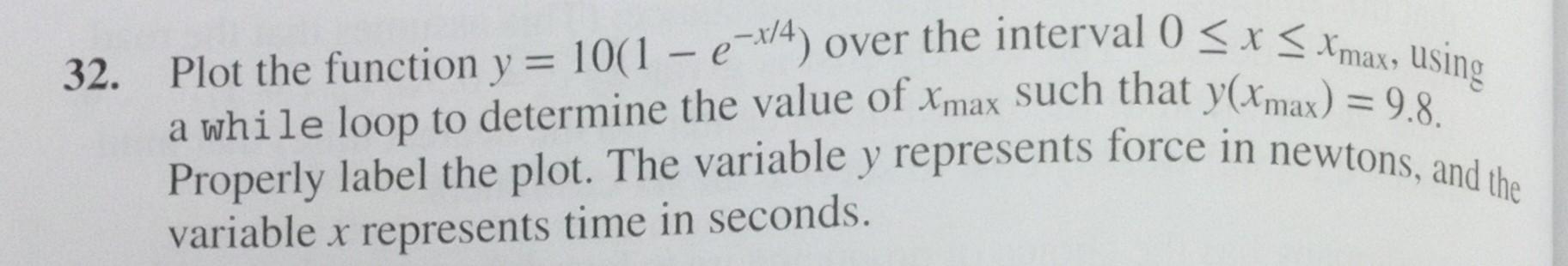  Matlab 32. Plot the function y=10(1ex/4) over the interval 0xxmax, using
