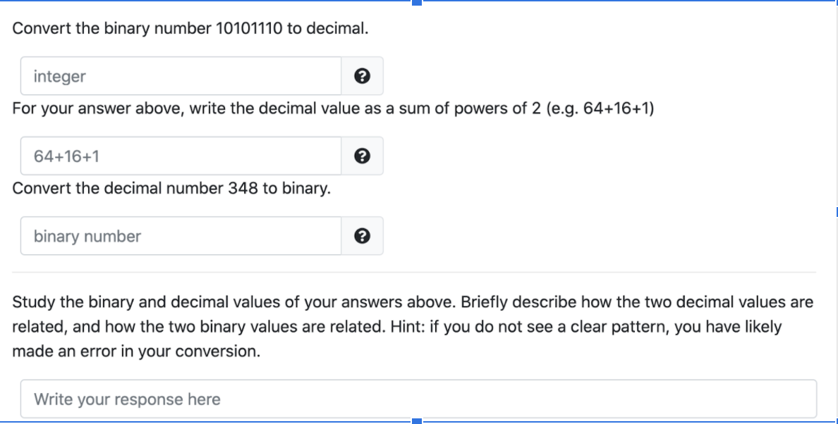  Convert the binary number 10101110 to decimal. integer For your answer