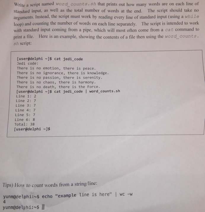  Linux coding Write a script named word_counts.sh that prints out how