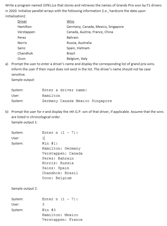CODE IN JAVA USING ARRAYLIST AND ARRAY Write a program named GPWins