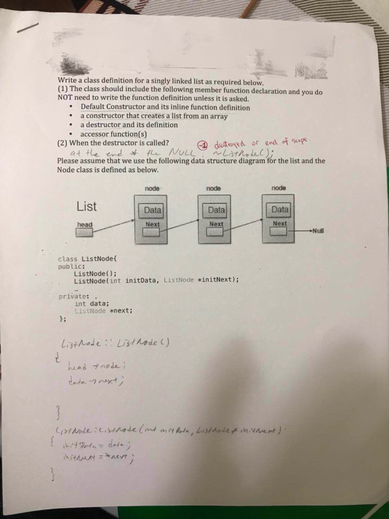 using C++ Write a class definition for a singly linked list as