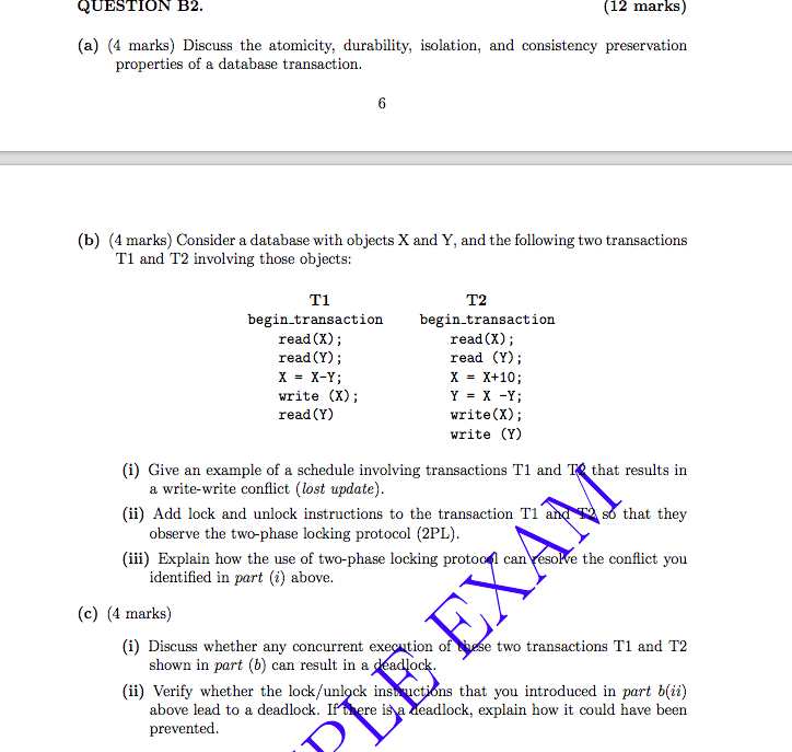 Problem about two phase locking QUESTION B2 (12 marks) (a) (4 marks)