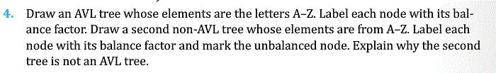  Draw an AVL tree whose elements are the letters A-Z. Label